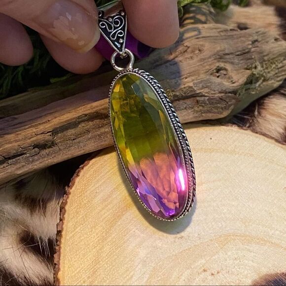 Bi-Color Tourmaline Green Purple Sterling Silver Pendant - Picture 7 of 10